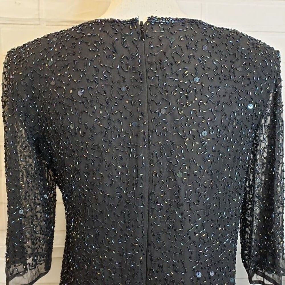 Vintage 80s 90s Pure Silk Beaded Top Black Iridescent Sequin Whimsygoth Blouse - Picture 5 of 8